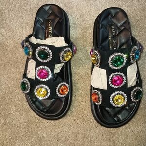Kurt Geiger "Orson" Black Leather Slides with Multicolor Crystal Gems